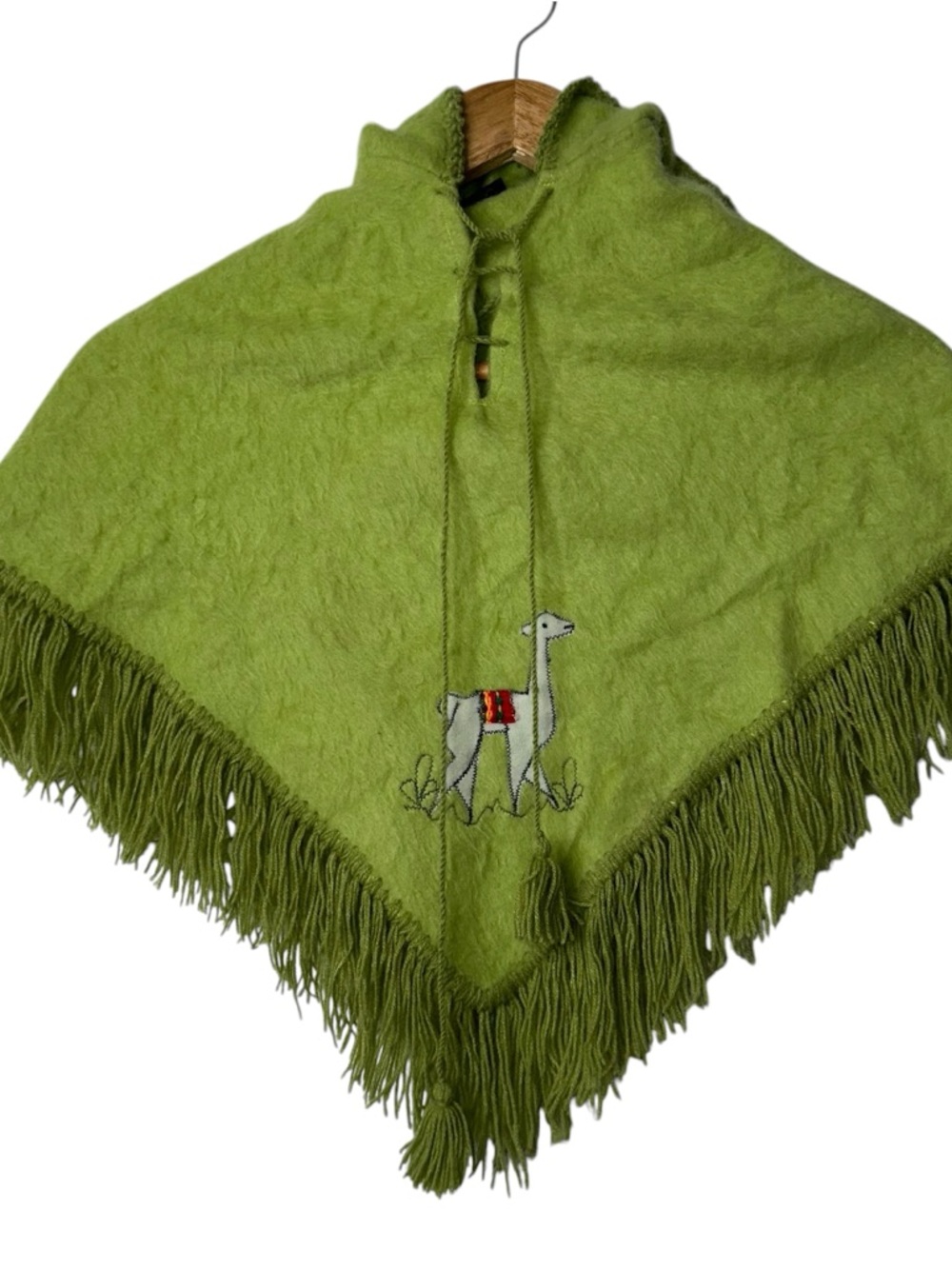 Green Fringe Poncho with Embroidered Llama